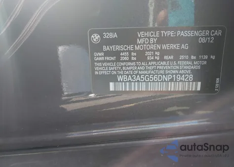 2013 BMW 328I z USA, uszkodzony, nr VIN WBA3A5G56DNP19428